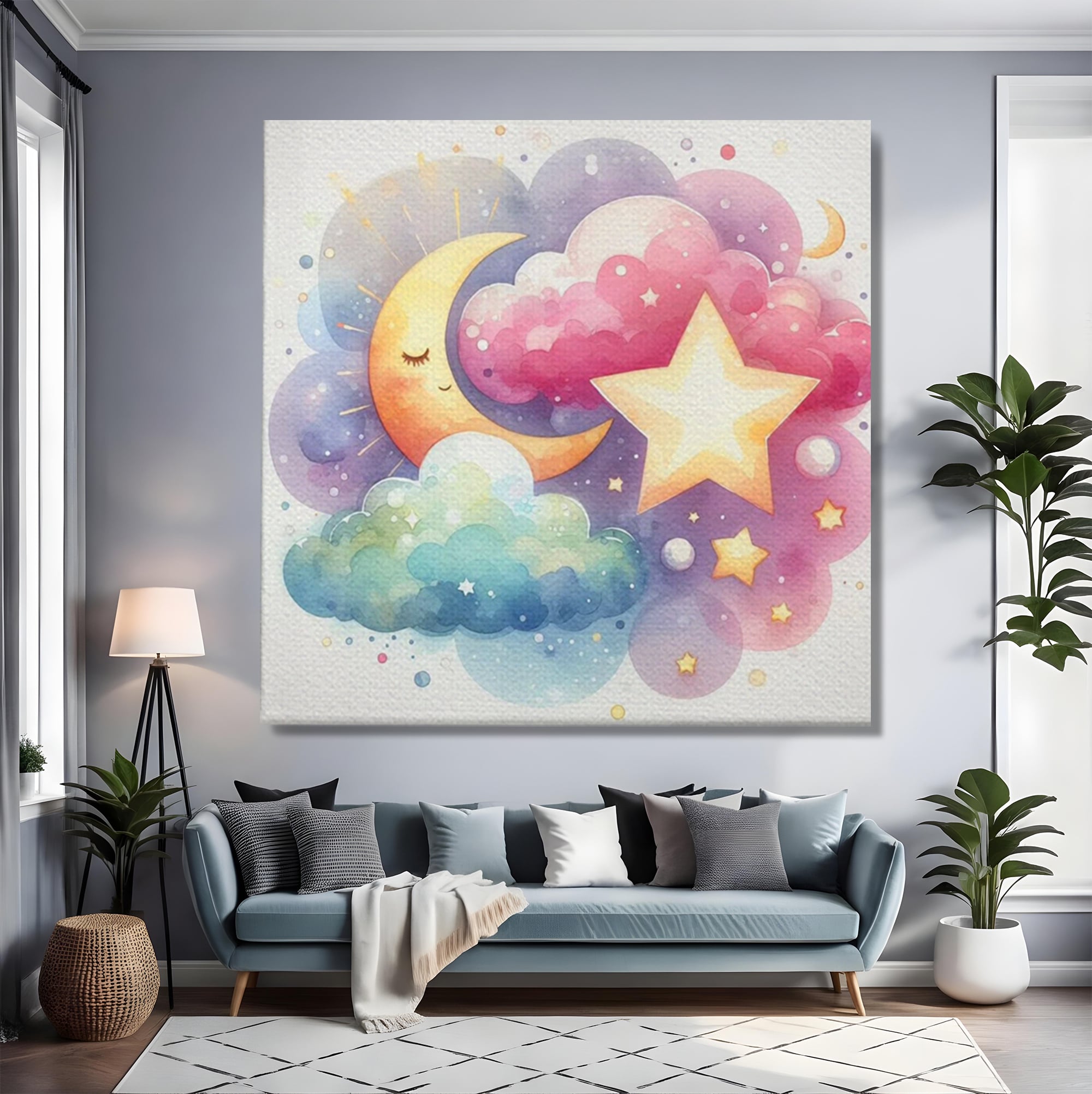 Tablou canvas cu ilustratie acuarela cu luna si stea, fara rama, pe sasiu de lemn, pe perete intr-un living